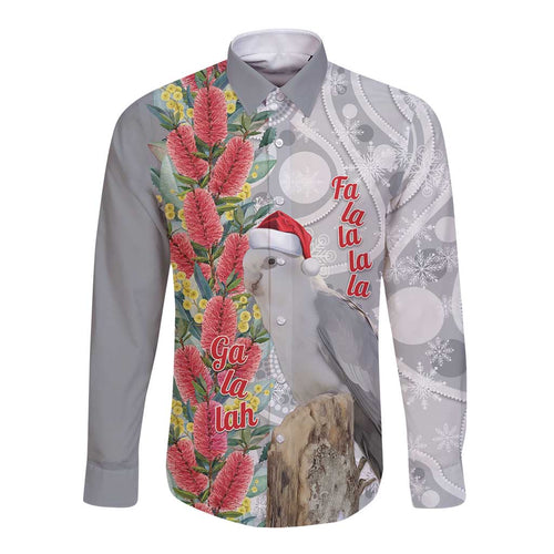Blue Galah Mutation Christmas Australia Long Sleeve Button Shirt Falalalala Galalah Bottlebrush Grey Aboriginal Art - Aussie Hoodie
