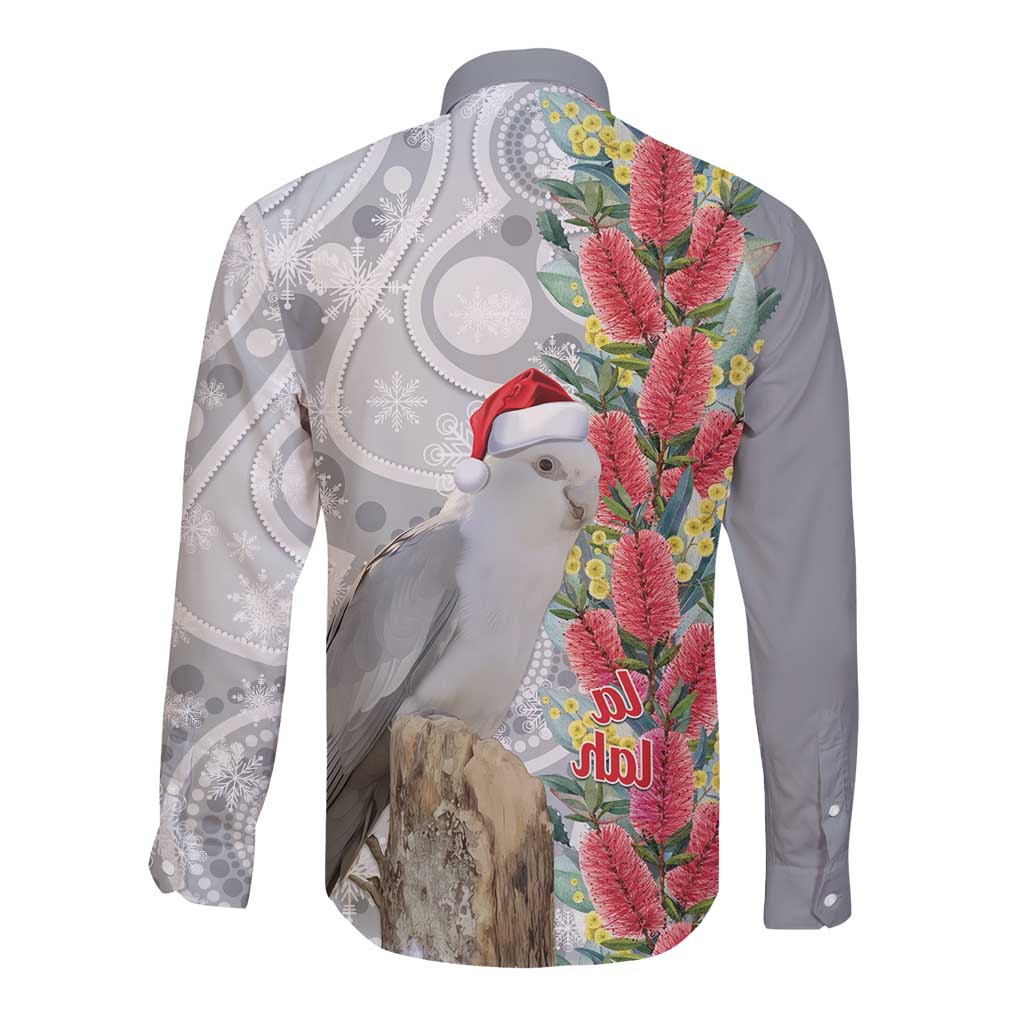 Blue Galah Mutation Christmas Australia Long Sleeve Button Shirt Falalalala Galalah Bottlebrush Grey Aboriginal Art - Aussie Hoodie
