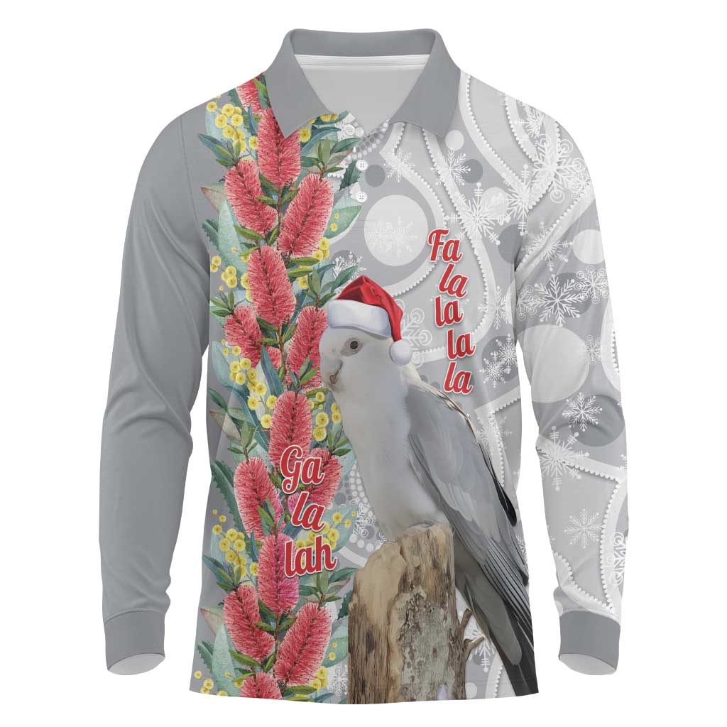 Blue Galah Mutation Christmas Australia Long Sleeve Polo Shirt Falalalala Galalah Bottlebrush Grey Aboriginal Art - Aussie Hoodie