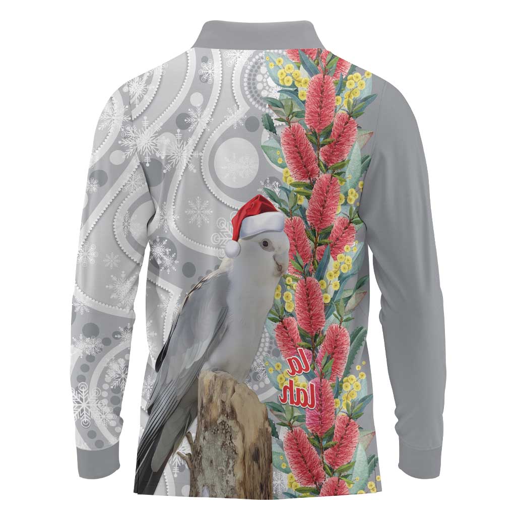 Blue Galah Mutation Christmas Australia Long Sleeve Polo Shirt Falalalala Galalah Bottlebrush Grey Aboriginal Art - Aussie Hoodie
