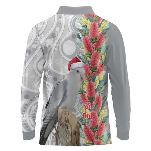 Blue Galah Mutation Christmas Australia Long Sleeve Polo Shirt Falalalala Galalah Bottlebrush Grey Aboriginal Art - Aussie Hoodie