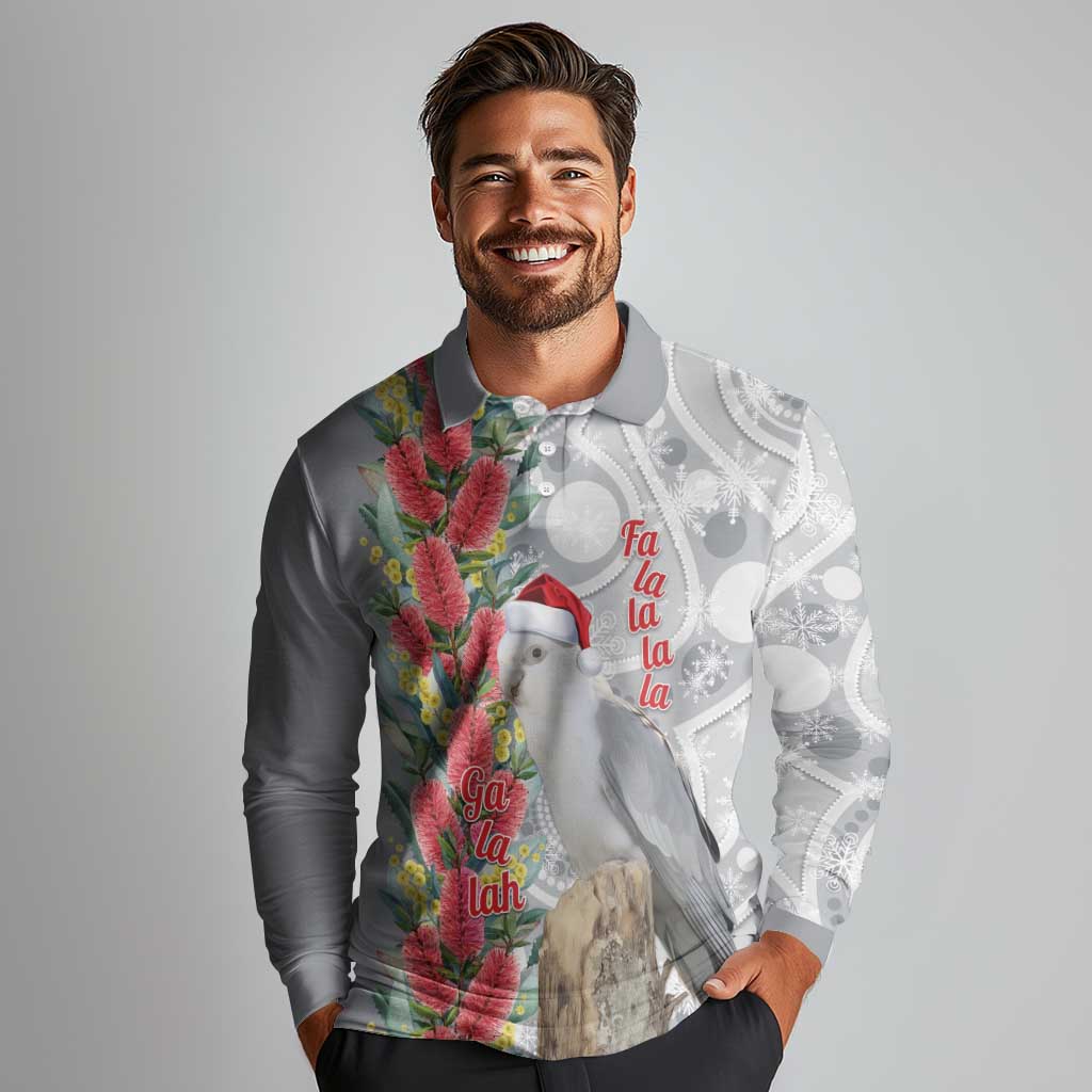 Blue Galah Mutation Christmas Australia Long Sleeve Polo Shirt Falalalala Galalah Bottlebrush Grey Aboriginal Art - Aussie Hoodie