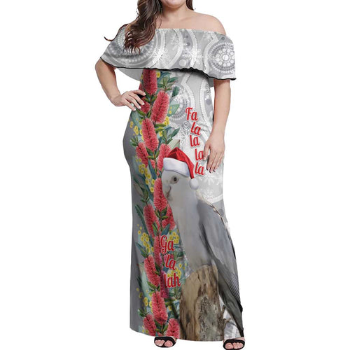 Blue Galah Mutation Christmas Australia Off Shoulder Maxi Dress Falalalala Galalah Bottlebrush Grey Aboriginal Art - Aussie Hoodie