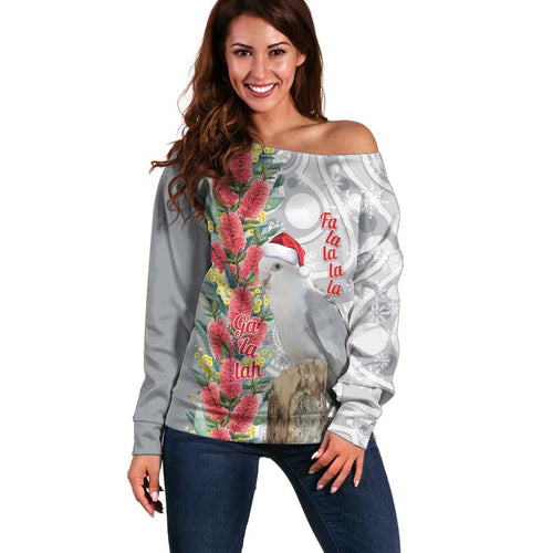 Blue Galah Mutation Christmas Australia Off Shoulder Sweater Falalalala Galalah Bottlebrush Grey Aboriginal Art - Aussie Hoodie