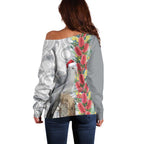 Blue Galah Mutation Christmas Australia Off Shoulder Sweater Falalalala Galalah Bottlebrush Grey Aboriginal Art - Aussie Hoodie
