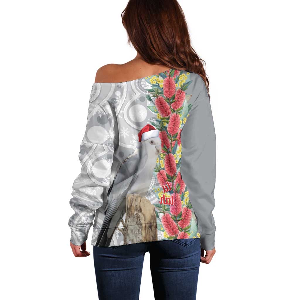 Blue Galah Mutation Christmas Australia Off Shoulder Sweater Falalalala Galalah Bottlebrush Grey Aboriginal Art - Aussie Hoodie
