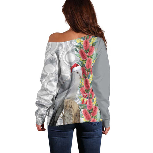 Blue Galah Mutation Christmas Australia Off Shoulder Sweater Falalalala Galalah Bottlebrush Grey Aboriginal Art - Aussie Hoodie