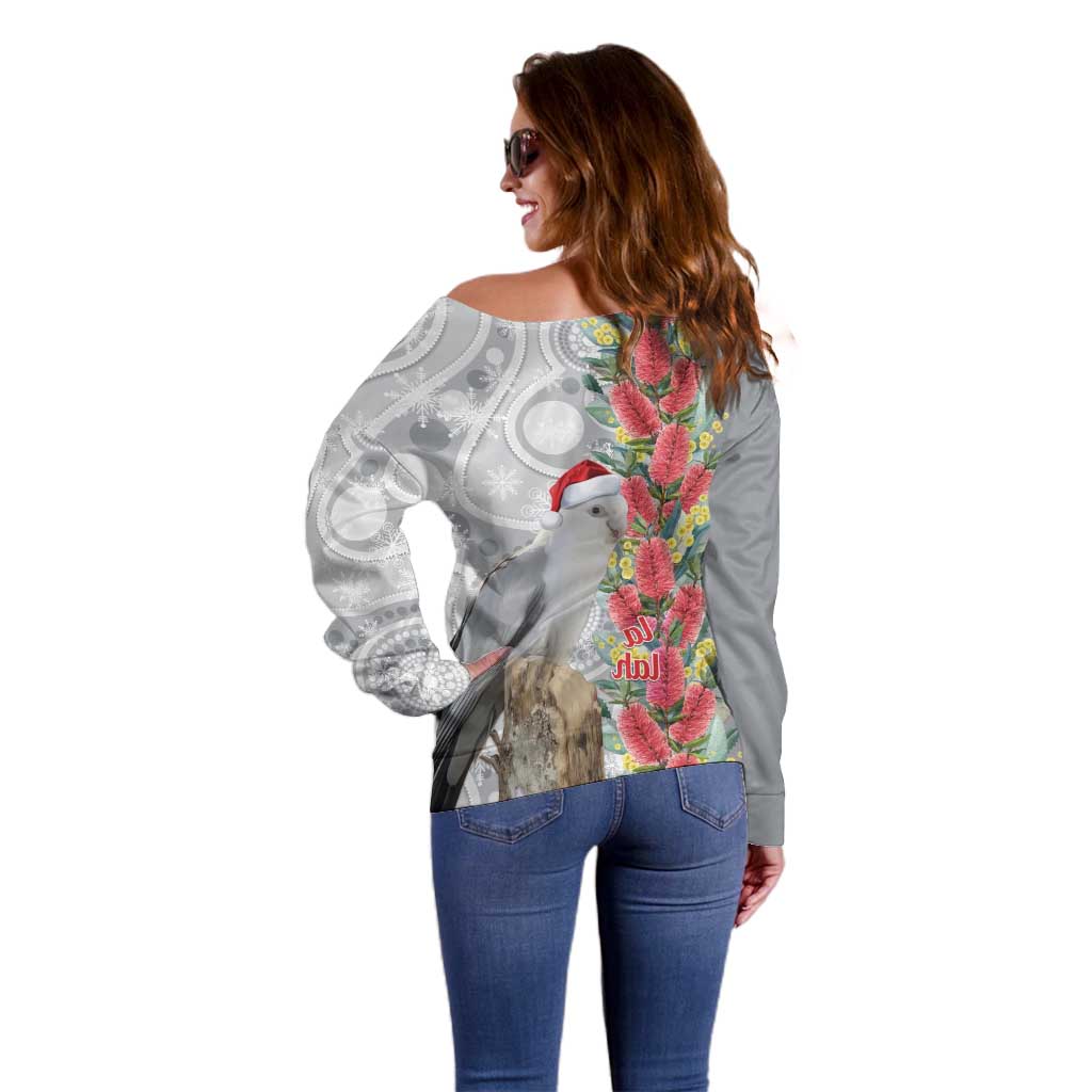 Blue Galah Mutation Christmas Australia Off Shoulder Sweater Falalalala Galalah Bottlebrush Grey Aboriginal Art - Aussie Hoodie