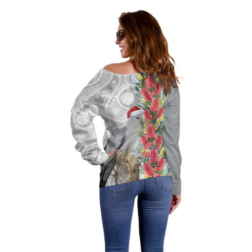 Blue Galah Mutation Christmas Australia Off Shoulder Sweater Falalalala Galalah Bottlebrush Grey Aboriginal Art - Aussie Hoodie