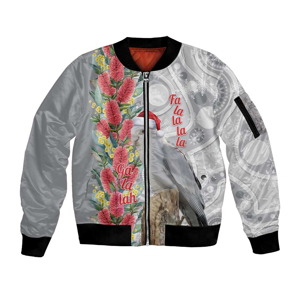 Blue Galah Mutation Christmas Australia Sleeve Zip Bomber Jacket Falalalala Galalah Bottlebrush Grey Aboriginal Art - Aussie Hoodie