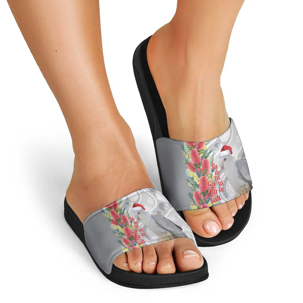 Blue Galah Mutation Christmas Australia Slide Sandals Falalalala Galalah Bottlebrush Grey Aboriginal Art - Aussie Hoodie