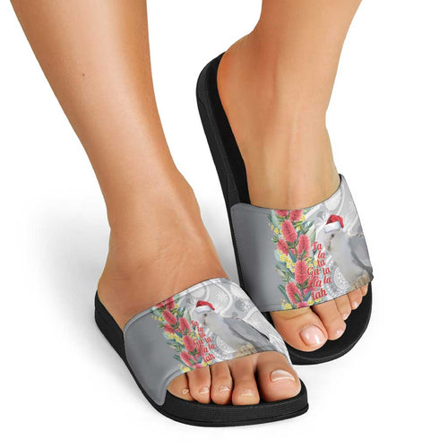 Blue Galah Mutation Christmas Australia Slide Sandals Falalalala Galalah Bottlebrush Grey Aboriginal Art - Aussie Hoodie