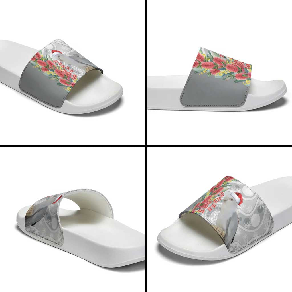 Blue Galah Mutation Christmas Australia Slide Sandals Falalalala Galalah Bottlebrush Grey Aboriginal Art - Aussie Hoodie
