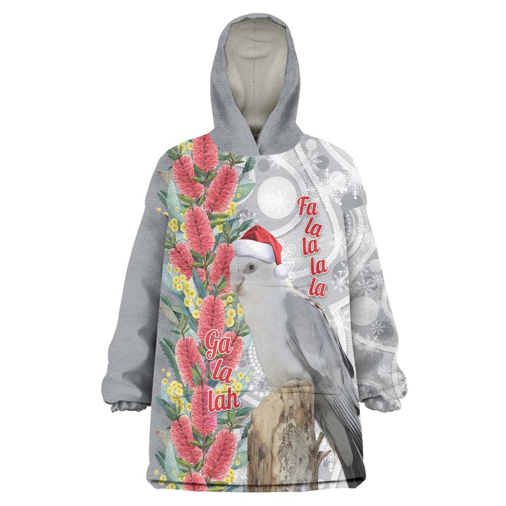 Blue Galah Mutation Christmas Australia Wearable Blanket Hoodie Falalalala Galalah Bottlebrush Grey Aboriginal Art - Aussie Hoodie