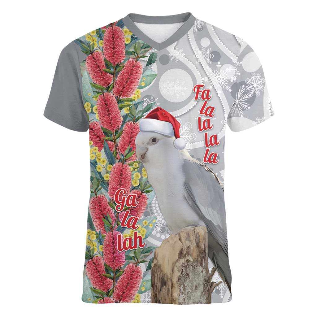 Blue Galah Mutation Christmas Australia Women V-Neck T-Shirt Falalalala Galalah Bottlebrush Grey Aboriginal Art - Aussie Hoodie