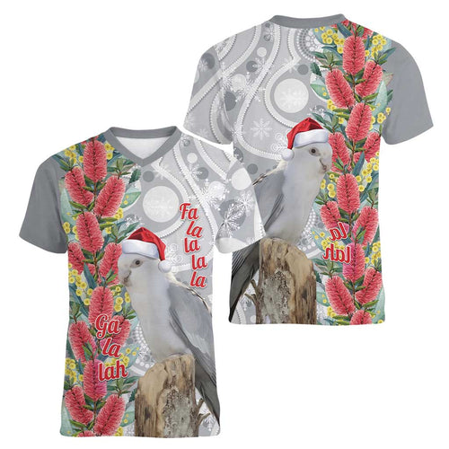 Blue Galah Mutation Christmas Australia Women V-Neck T-Shirt Falalalala Galalah Bottlebrush Grey Aboriginal Art - Aussie Hoodie