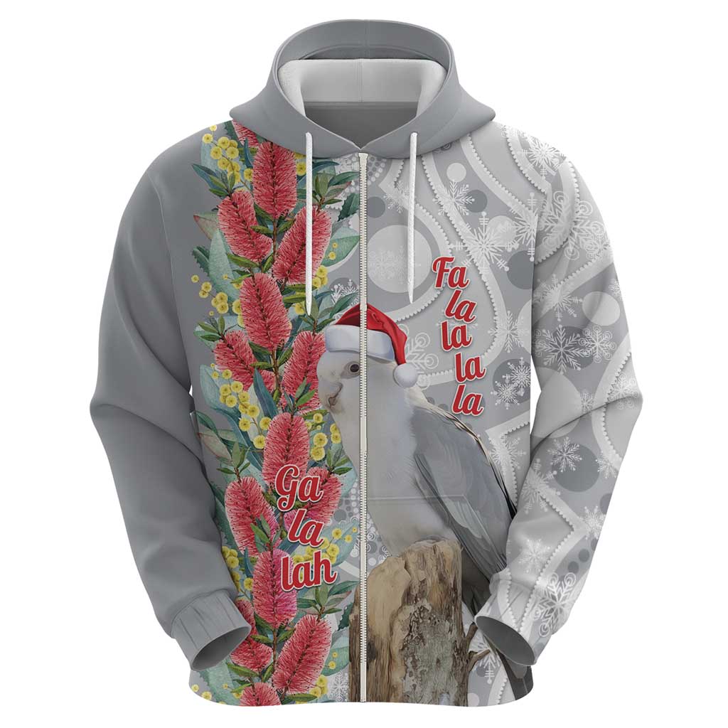 Blue Galah Mutation Christmas Australia Zip Hoodie Falalalala Galalah Bottlebrush Grey Aboriginal Art - Aussie Hoodie