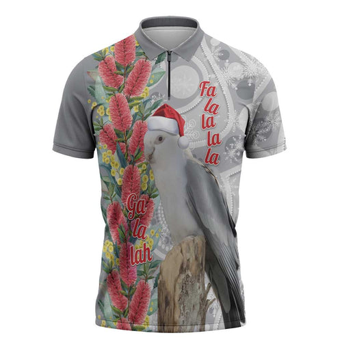 Blue Galah Mutation Christmas Australia Zipper Polo Shirt Falalalala Galalah Bottlebrush Grey Aboriginal Art - Aussie Hoodie