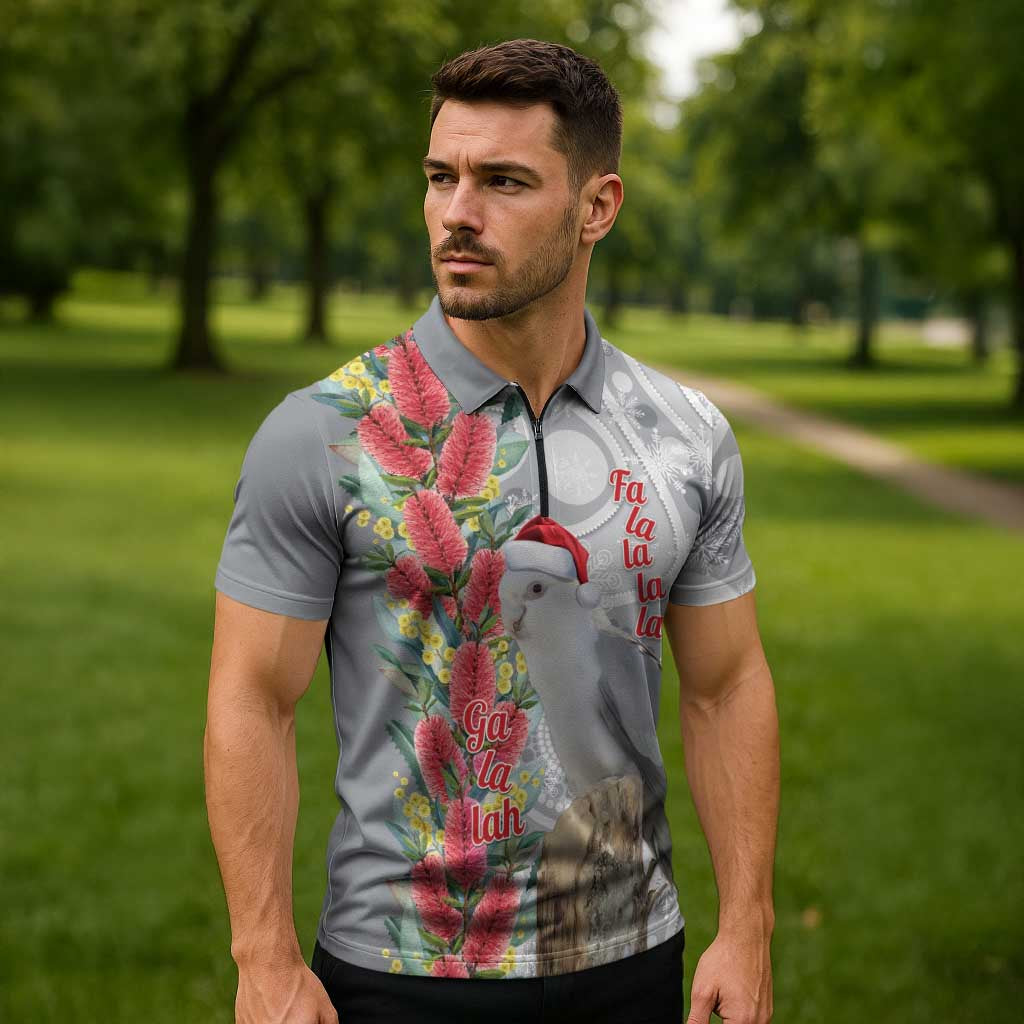 Blue Galah Mutation Christmas Australia Zipper Polo Shirt Falalalala Galalah Bottlebrush Grey Aboriginal Art - Aussie Hoodie