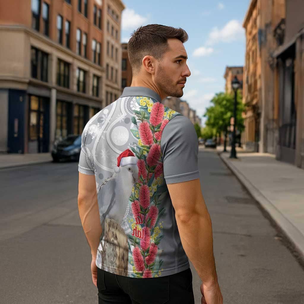 Blue Galah Mutation Christmas Australia Zipper Polo Shirt Falalalala Galalah Bottlebrush Grey Aboriginal Art - Aussie Hoodie