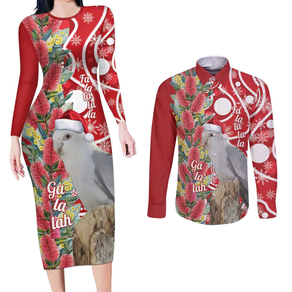 Blue Galah Mutation Christmas Australia Couples Matching Long Sleeve Bodycon Dress and Long Sleeve Button Shirt Falalalala Galalah Bottlebrush Red Aboriginal Art - Aussie Hoodie