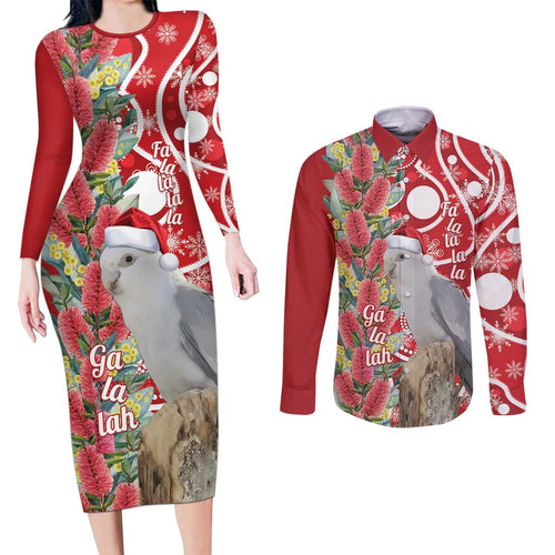 Blue Galah Mutation Christmas Australia Couples Matching Long Sleeve Bodycon Dress and Long Sleeve Button Shirt Falalalala Galalah Bottlebrush Red Aboriginal Art - Aussie Hoodie