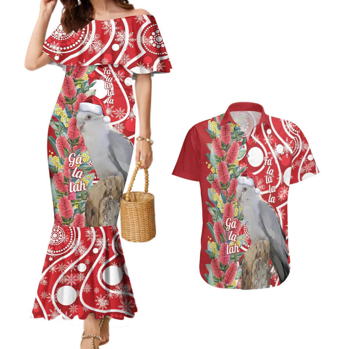 Blue Galah Mutation Christmas Australia Couples Matching Mermaid Dress and Hawaiian Shirt Falalalala Galalah Bottlebrush Red Aboriginal Art - Aussie Hoodie