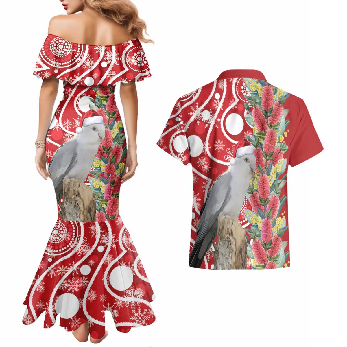 Blue Galah Mutation Christmas Australia Couples Matching Mermaid Dress and Hawaiian Shirt Falalalala Galalah Bottlebrush Red Aboriginal Art - Aussie Hoodie