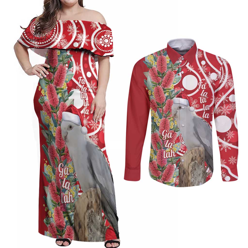 Blue Galah Mutation Christmas Australia Couples Matching Off Shoulder Maxi Dress and Long Sleeve Button Shirt Falalalala Galalah Bottlebrush Red Aboriginal Art - Aussie Hoodie