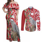 Blue Galah Mutation Christmas Australia Couples Matching Off Shoulder Maxi Dress and Long Sleeve Button Shirt Falalalala Galalah Bottlebrush Red Aboriginal Art - Aussie Hoodie
