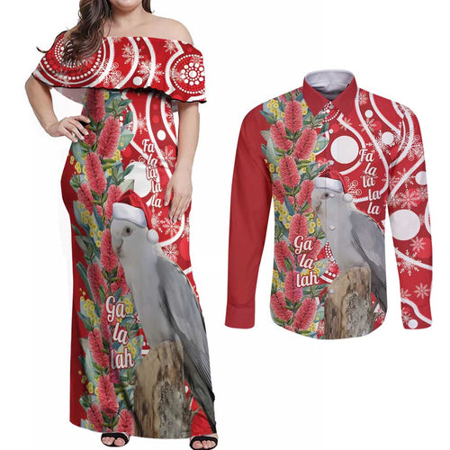 Blue Galah Mutation Christmas Australia Couples Matching Off Shoulder Maxi Dress and Long Sleeve Button Shirt Falalalala Galalah Bottlebrush Red Aboriginal Art - Aussie Hoodie