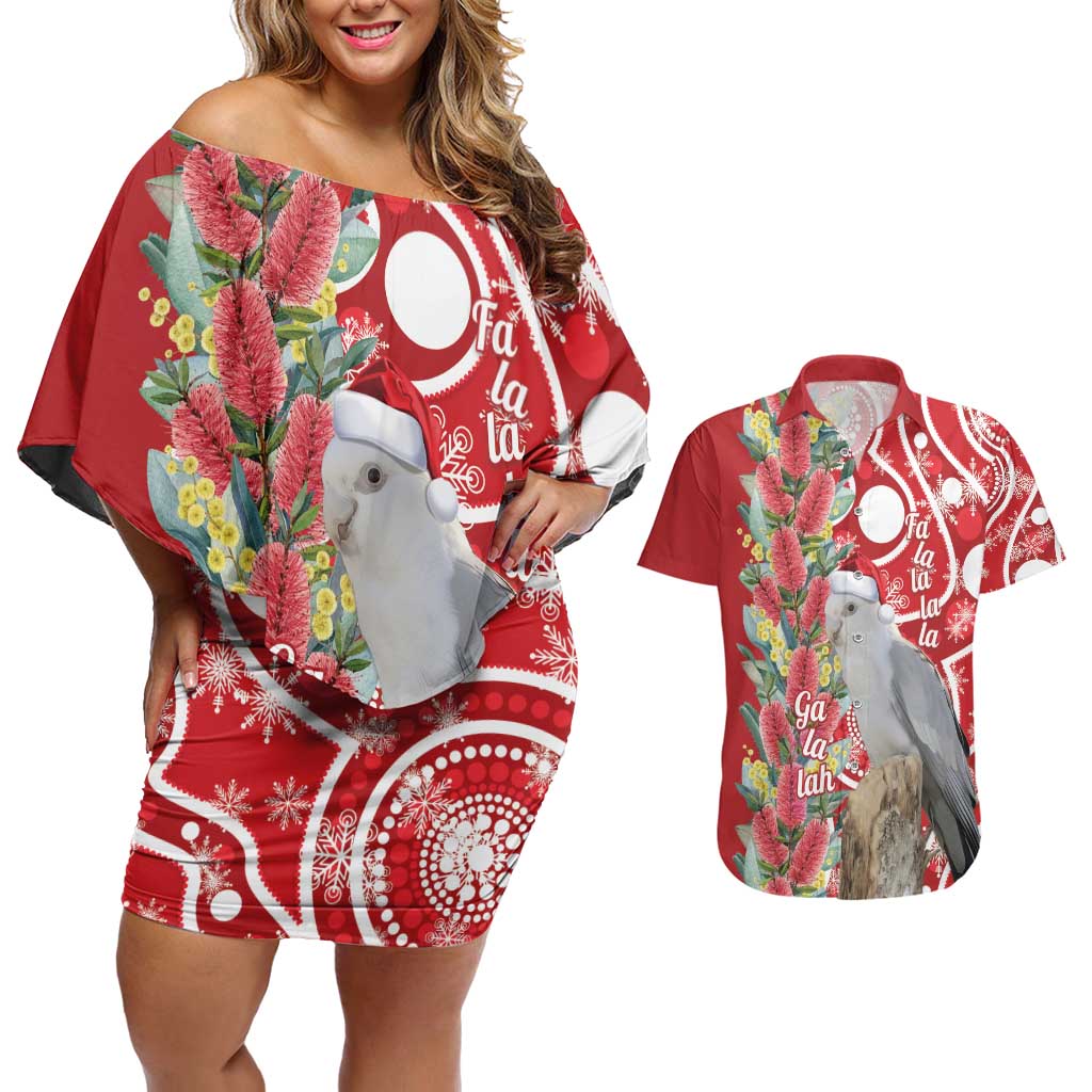 Blue Galah Mutation Christmas Australia Couples Matching Off Shoulder Short Dress and Hawaiian Shirt Falalalala Galalah Bottlebrush Red Aboriginal Art - Aussie Hoodie