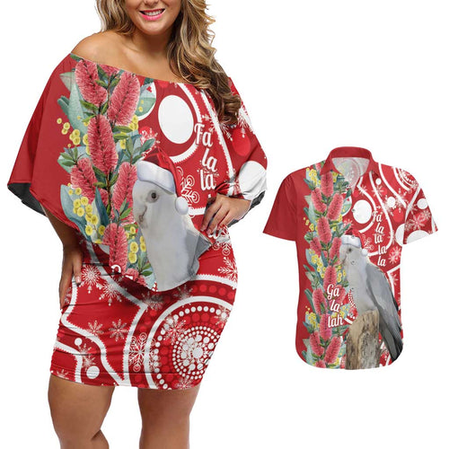 Blue Galah Mutation Christmas Australia Couples Matching Off Shoulder Short Dress and Hawaiian Shirt Falalalala Galalah Bottlebrush Red Aboriginal Art - Aussie Hoodie