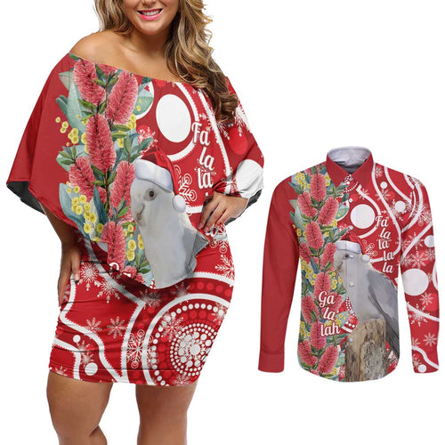 Blue Galah Mutation Christmas Australia Couples Matching Off Shoulder Short Dress and Long Sleeve Button Shirt Falalalala Galalah Bottlebrush Red Aboriginal Art - Aussie Hoodie
