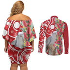 Blue Galah Mutation Christmas Australia Couples Matching Off Shoulder Short Dress and Long Sleeve Button Shirt Falalalala Galalah Bottlebrush Red Aboriginal Art - Aussie Hoodie