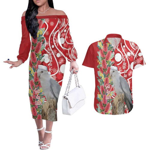 Blue Galah Mutation Christmas Australia Couples Matching Off The Shoulder Long Sleeve Dress and Hawaiian Shirt Falalalala Galalah Bottlebrush Red Aboriginal Art - Aussie Hoodie