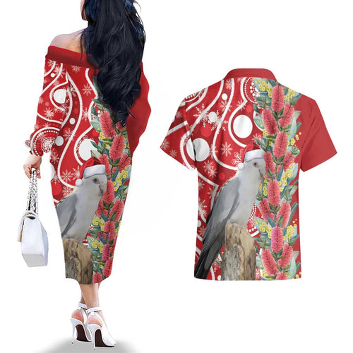 Blue Galah Mutation Christmas Australia Couples Matching Off The Shoulder Long Sleeve Dress and Hawaiian Shirt Falalalala Galalah Bottlebrush Red Aboriginal Art - Aussie Hoodie