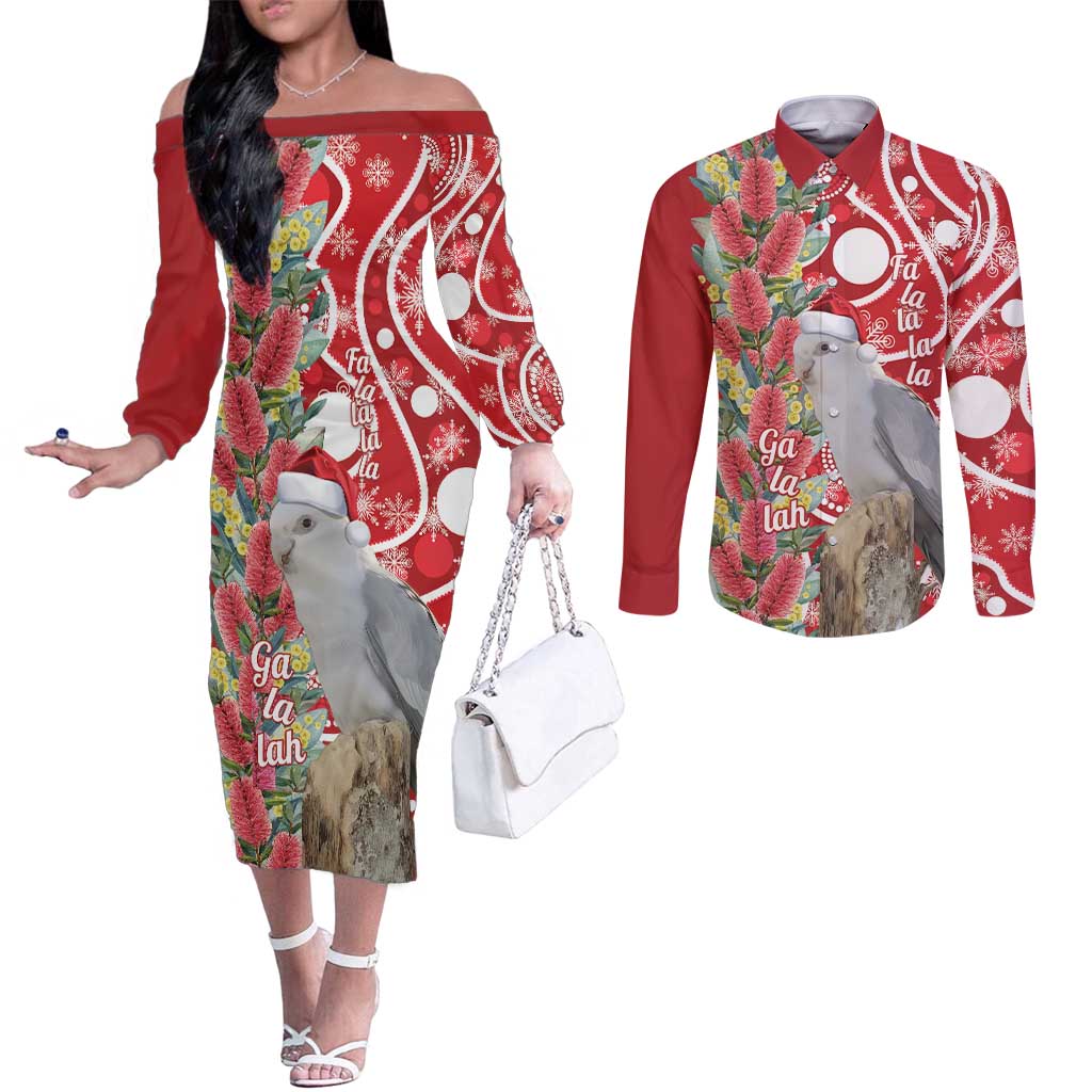 Blue Galah Mutation Christmas Australia Couples Matching Off The Shoulder Long Sleeve Dress and Long Sleeve Button Shirt Falalalala Galalah Bottlebrush Red Aboriginal Art - Aussie Hoodie