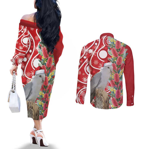 Blue Galah Mutation Christmas Australia Couples Matching Off The Shoulder Long Sleeve Dress and Long Sleeve Button Shirt Falalalala Galalah Bottlebrush Red Aboriginal Art - Aussie Hoodie