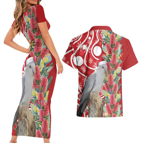 Blue Galah Mutation Christmas Australia Couples Matching Short Sleeve Bodycon Dress and Hawaiian Shirt Falalalala Galalah Bottlebrush Red Aboriginal Art - Aussie Hoodie