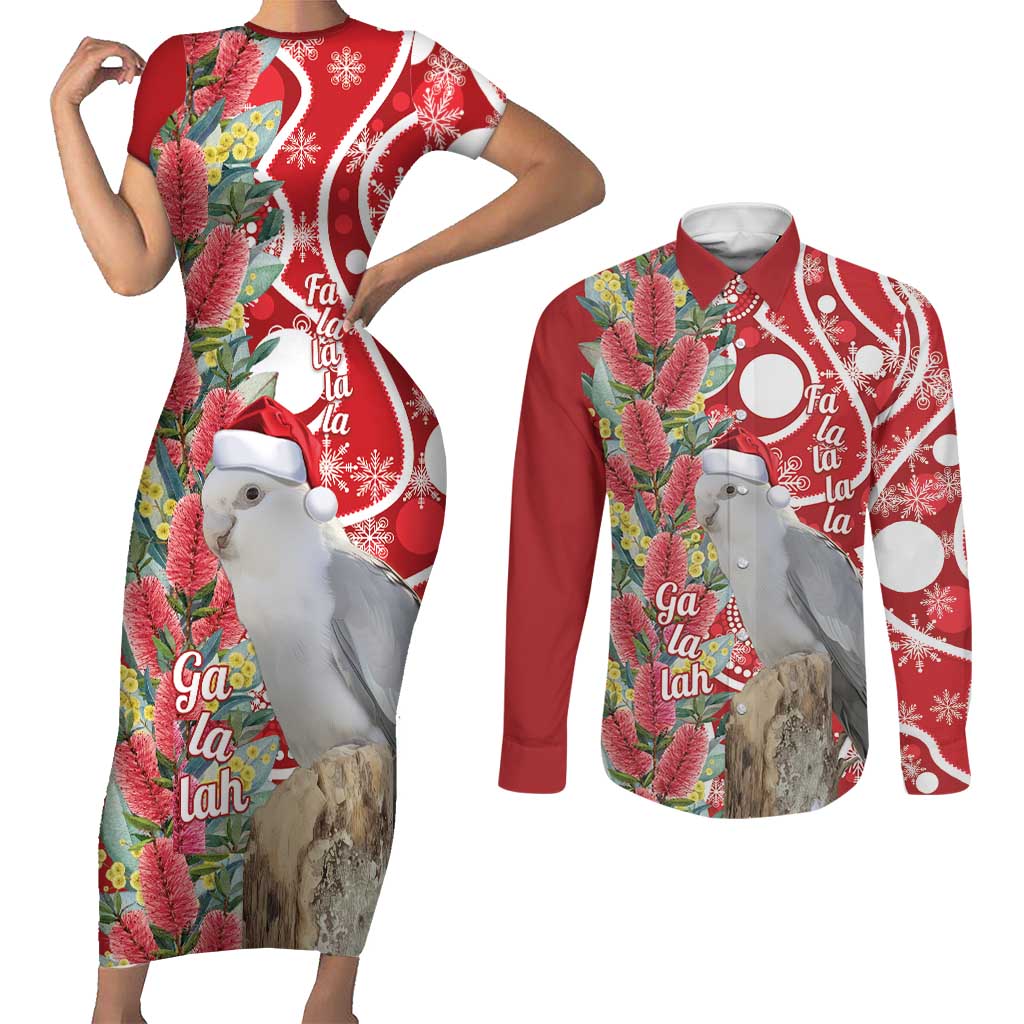 Blue Galah Mutation Christmas Australia Couples Matching Short Sleeve Bodycon Dress and Long Sleeve Button Shirt Falalalala Galalah Bottlebrush Red Aboriginal Art - Aussie Hoodie