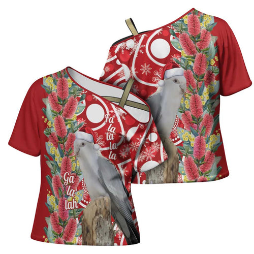 Blue Galah Mutation Christmas Australia Cross Shoulder Shirt Falalalala Galalah Bottlebrush Red Aboriginal Art - Aussie Hoodie