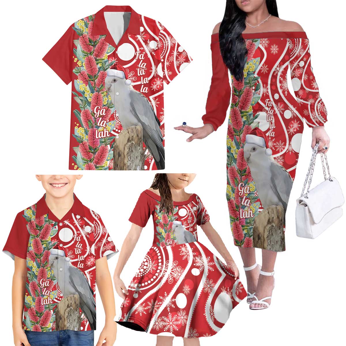 Blue Galah Mutation Christmas Australia Family Matching Off The Shoulder Long Sleeve Dress and Hawaiian Shirt Falalalala Galalah Bottlebrush Red Aboriginal Art - Aussie Hoodie
