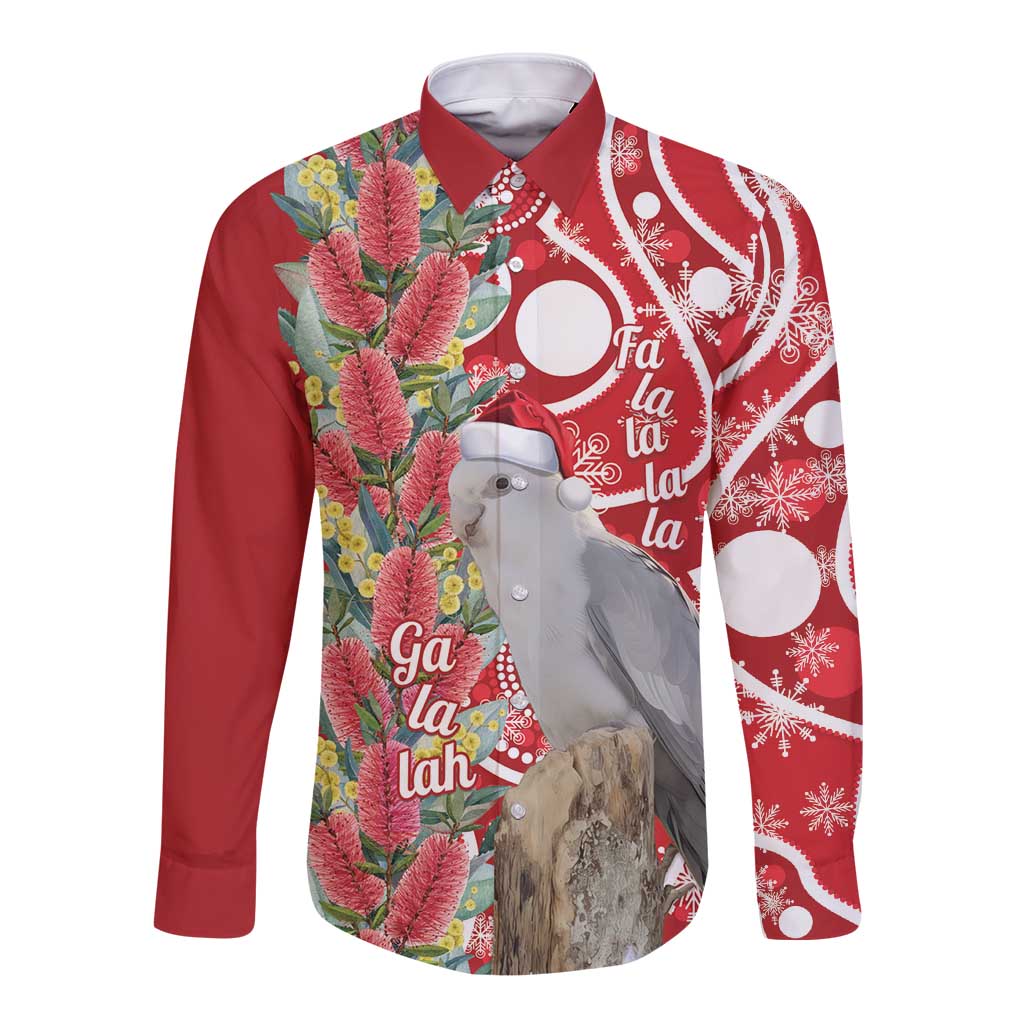 Blue Galah Mutation Christmas Australia Long Sleeve Button Shirt Falalalala Galalah Bottlebrush Red Aboriginal Art - Aussie Hoodie