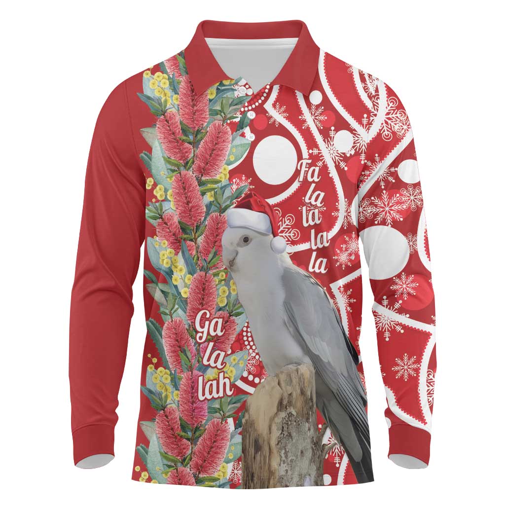 Blue Galah Mutation Christmas Australia Long Sleeve Polo Shirt Falalalala Galalah Bottlebrush Red Aboriginal Art - Aussie Hoodie