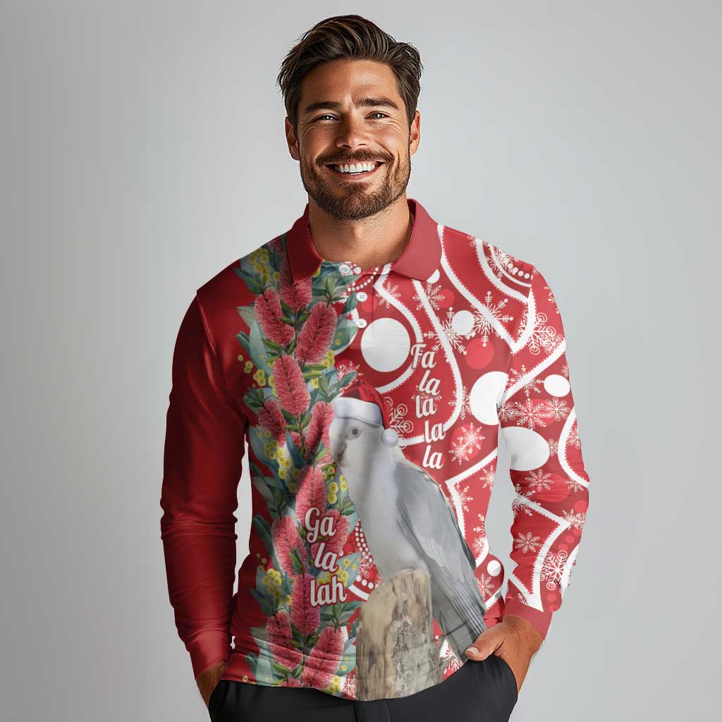 Blue Galah Mutation Christmas Australia Long Sleeve Polo Shirt Falalalala Galalah Bottlebrush Red Aboriginal Art - Aussie Hoodie