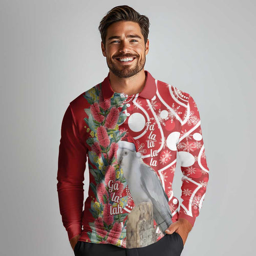 Blue Galah Mutation Christmas Australia Long Sleeve Polo Shirt Falalalala Galalah Bottlebrush Red Aboriginal Art - Aussie Hoodie