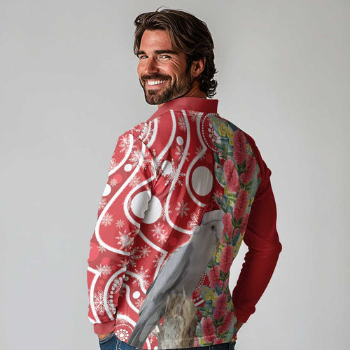 Blue Galah Mutation Christmas Australia Long Sleeve Polo Shirt Falalalala Galalah Bottlebrush Red Aboriginal Art - Aussie Hoodie