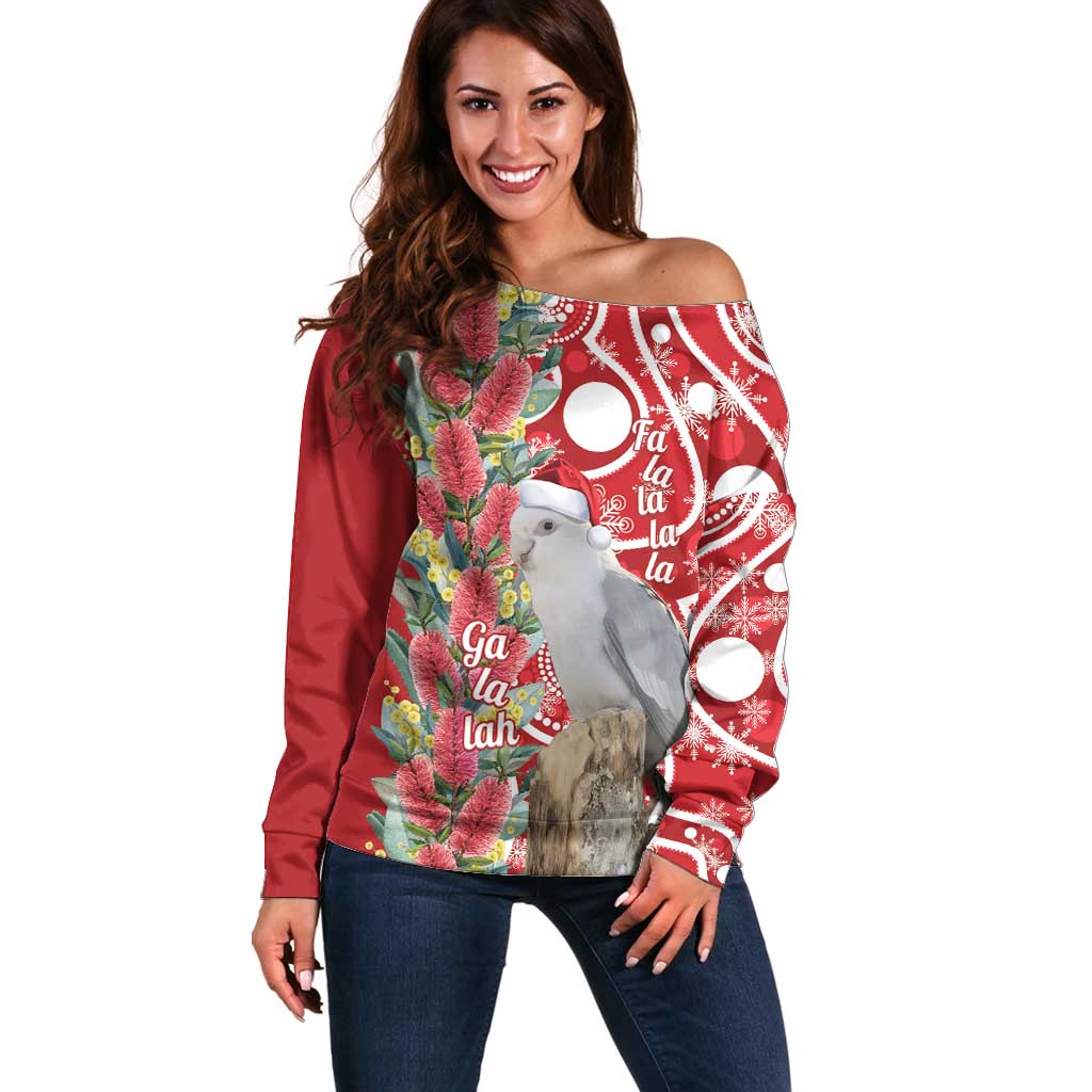 Blue Galah Mutation Christmas Australia Off Shoulder Sweater Falalalala Galalah Bottlebrush Red Aboriginal Art - Aussie Hoodie