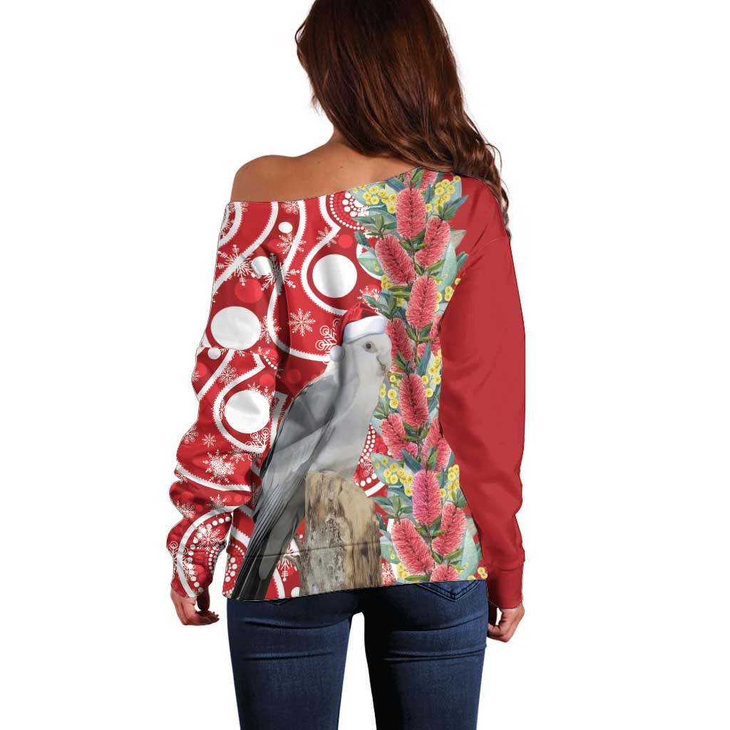 Blue Galah Mutation Christmas Australia Off Shoulder Sweater Falalalala Galalah Bottlebrush Red Aboriginal Art - Aussie Hoodie
